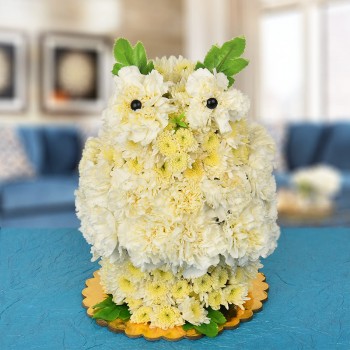 An Owl Arrangement of 20 White Carnations and 10 White Daisies