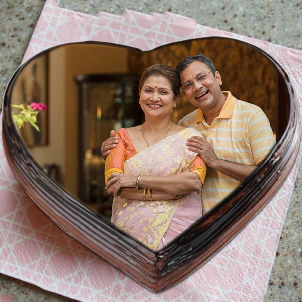 One Kg Heart Shaped Chocolate Photo Cake For Parents
