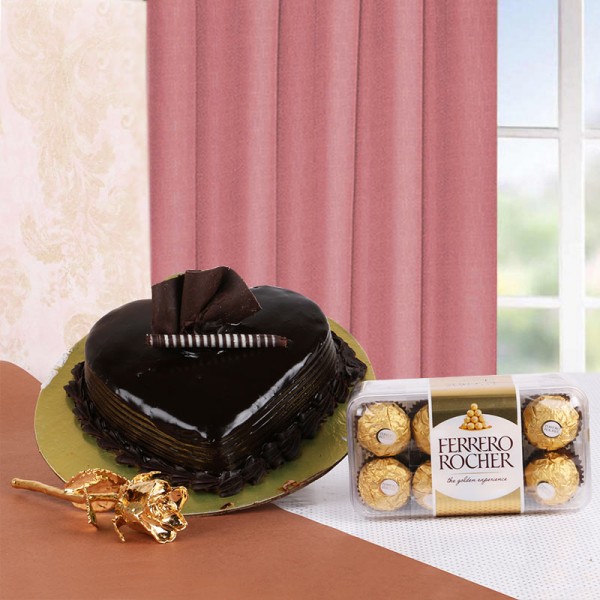  Heart-shaped Chocolate Truffle Cake (1 Kg) with Gold Rose (6 inches) and 16 pcs Ferrero Rocher