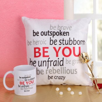 Be You Printed Cushion and Mug with Gold Rose