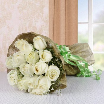 15 White Roses in Golden Crape and Green Bow