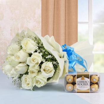 12 White Roses in White Paper, Blue Bow with 16 pcs Ferrero Rocher