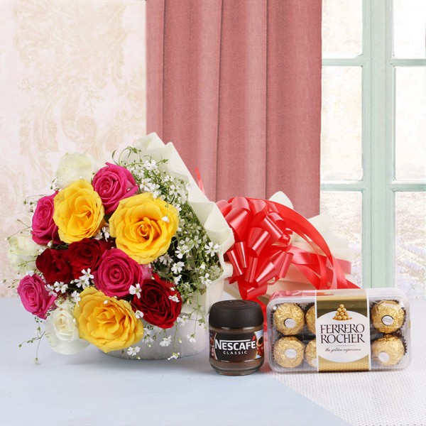 10 Assorted Roses in White Paper and Red Bow with 16 pcs Ferrero Rocher and Nescafe Coffee (25gms)