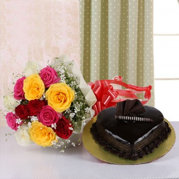 13 Assorted Roses with Heart-shaped Chocolate Truffle Cake (1 Kg) in Paper Packing