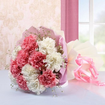 12 White and Pink Carnations in White and Pink Paper