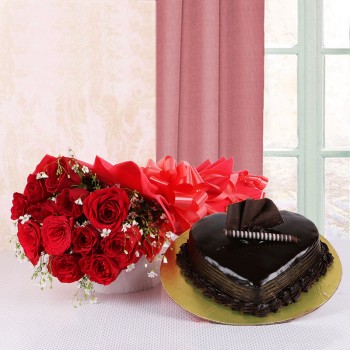 12 Red Roses in Red Paper with Heart-shaped Chocolate Truffle Cake (1 Kg)