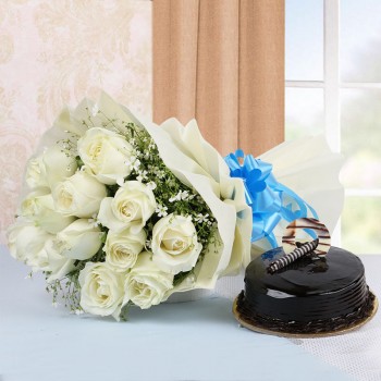 12 White Roses in White Paper with Chocolate Truffle Cake (Half Kg)
