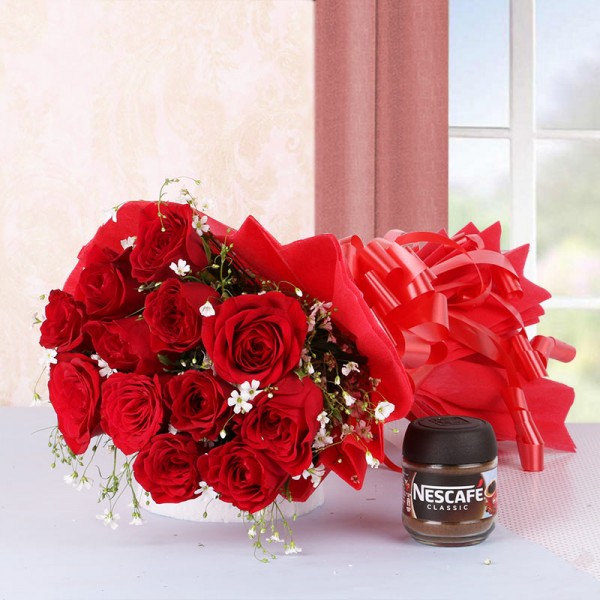 12 Red Roses in Red Paper with Nescafe Coffee (25gms)