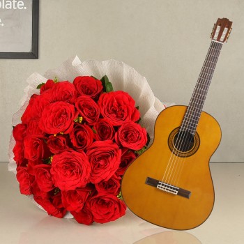 20 red roses in Paper Packing with Live song by guitarist 