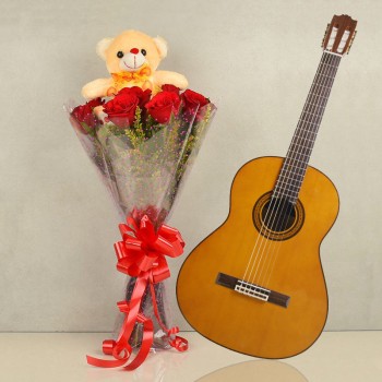 12 red roses with 1 teddy bear (6 inches) and Live song by guitarist