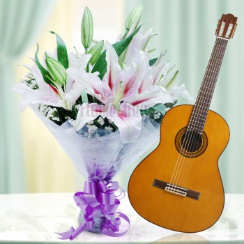 6 white oriental lilies with Live song by guitarist