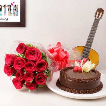 12 red roses with Half kg chocolate cake and Live song by guitarist