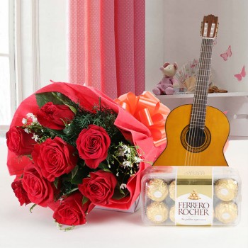 8 red roses with A box of 16 Fererro rocher chocolates and Live song by guitarist - Paper Packing