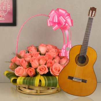 30 pink roses in a Basket with Live song by guitarist
