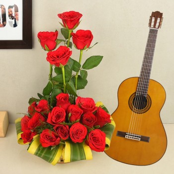 18 red roses in a Basket with Live song by guitarist