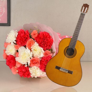 10 pink roses and 10 white and pink carnations with Live song by guitarist