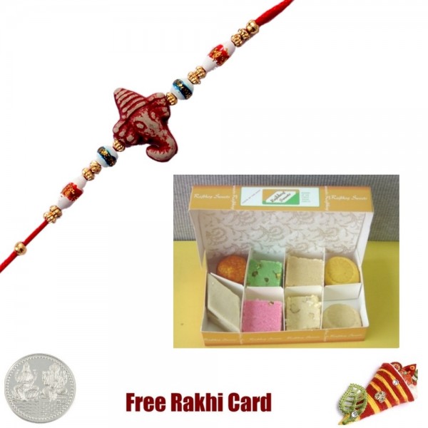 One Rakhi with 450 grams Assorted Sweets Free Silver Coin