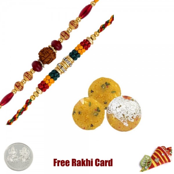 2 Rakhis with 225 grams Boondi Ladoo Free Silver Coin