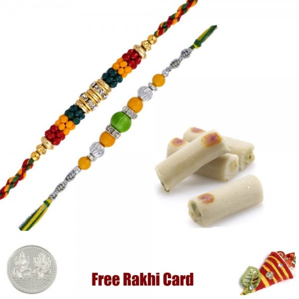 2 Rakhis with 225 grams Assorted Kaju Rolls Free Silver Coin