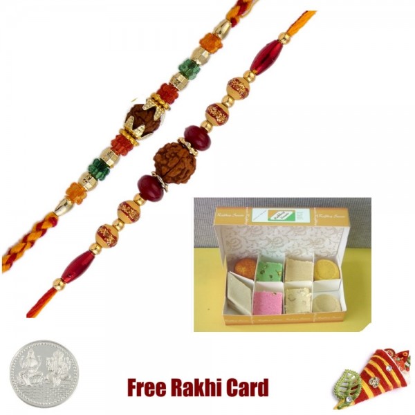 2 Rakhis with 225 grams Assorted Sweets Free Silver Coin