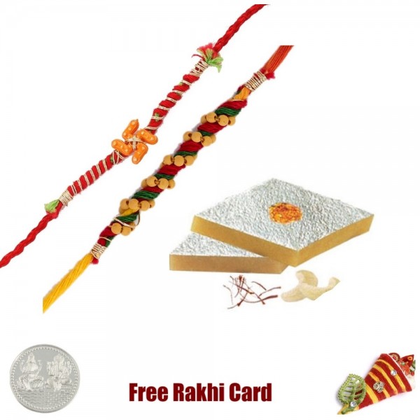 2 Rakhis with 450 grams Kaju Katli Free Silver Coin
