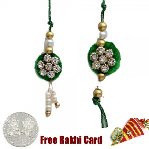 Diamond Flower Zardosi Bhaiya Bhabhi Rakhi Pair with a Free Silver Coin