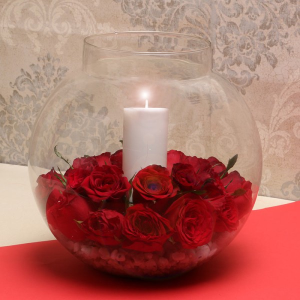1 Glass Bowl with 20 Red Roses and 1 White Pillar Candle and White pebbles