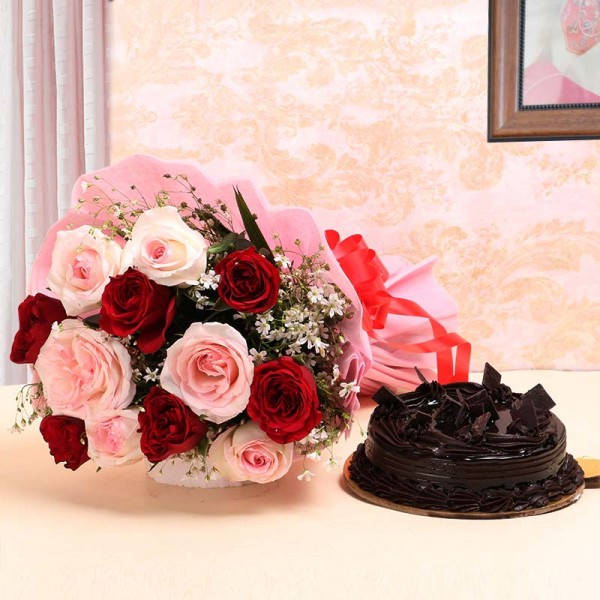 10 Roses (Red and Pink) with Half Kg Truffle Cake