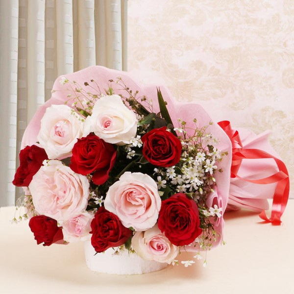 12 Roses (Red and Pink) with Pink paper packing