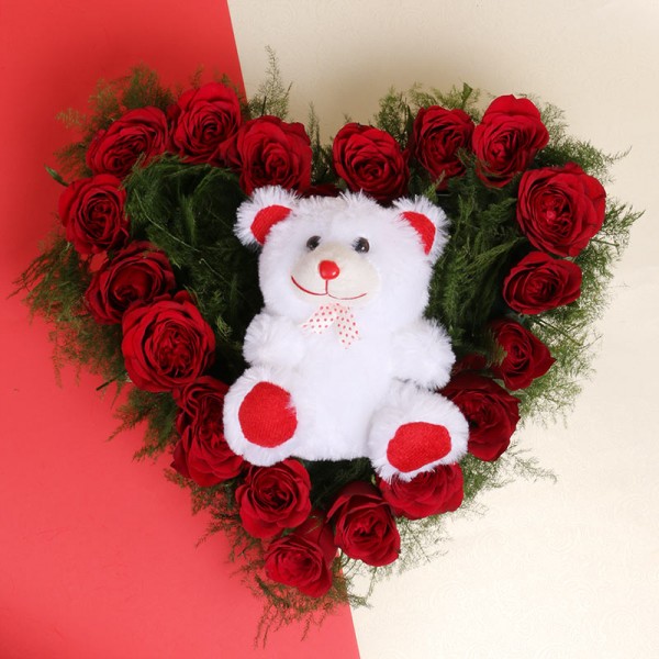 Heart-Shaped arrangement of 20 Red Roses with Teddy Bear (6 inches)