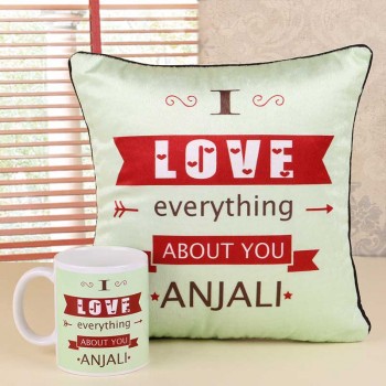 Personalised Name Printed Cushion and Mug with Love Quote