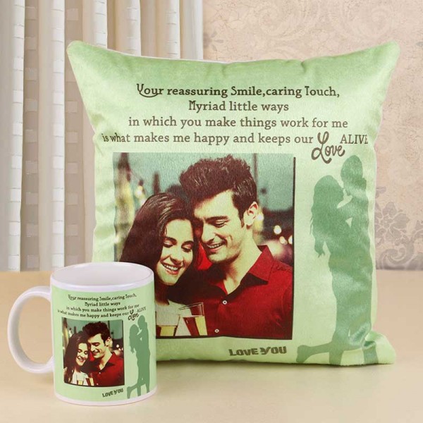 Combo of Personalised Photo Cushion and Coffee Mug for Couple
