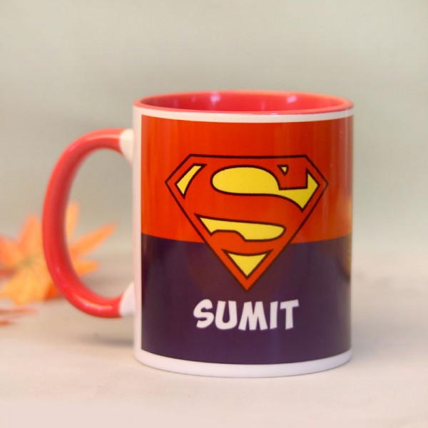 One Superman Theme Personalised Red Handle Mug