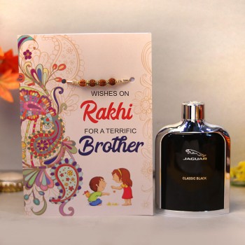Rudraksha Rakhi Card with Jaguar Perfume