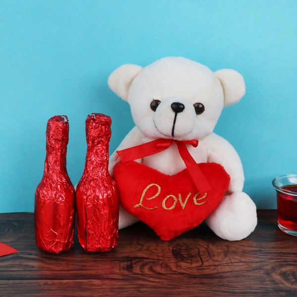 Teddy with a Heart with 2 pcs Bottle Shape Homemade Chocolate