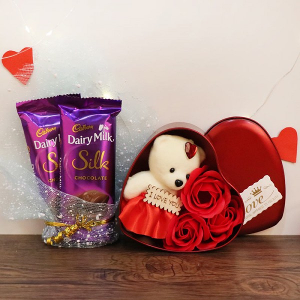 Heart Shape Teddy Box Gift with 2 Dairy Milk Silk Chocolate for Valentines Day