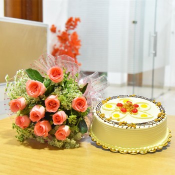 10 Pink Roses and Half Kg Butterscotch Cake