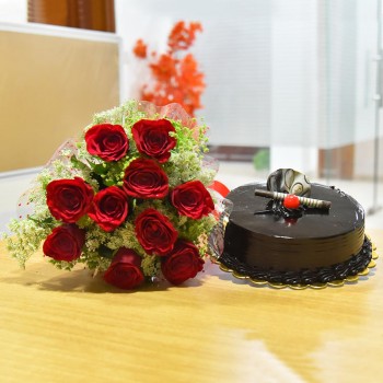 10 Red Roses and Half Kg Chocolate Truffle Cake