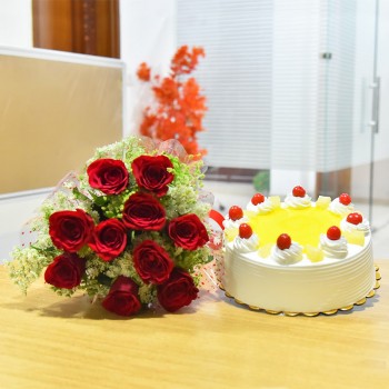 10 Red Roses and Half Kg Pineapple Cake