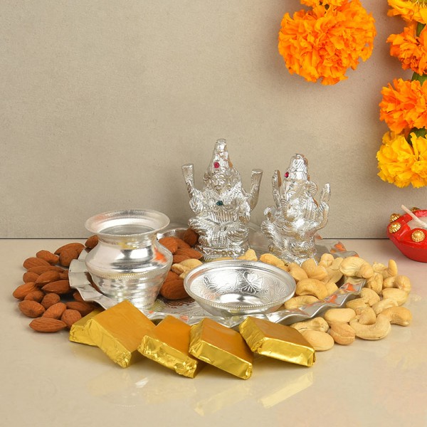 Silver Plated Ganesh Laxmi Pooja Thali with Dryfruit