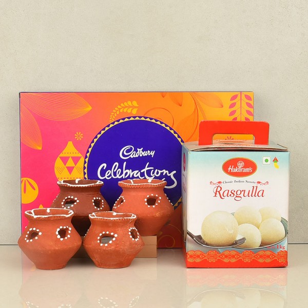Rasgulla Pack with Cadbury Celebration and Matki Diya for Diwali