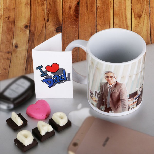 Personalised Combo of Coffee Mug, 5 pcs Homemade Chocolate Pack and a Greeting Card for Dad
