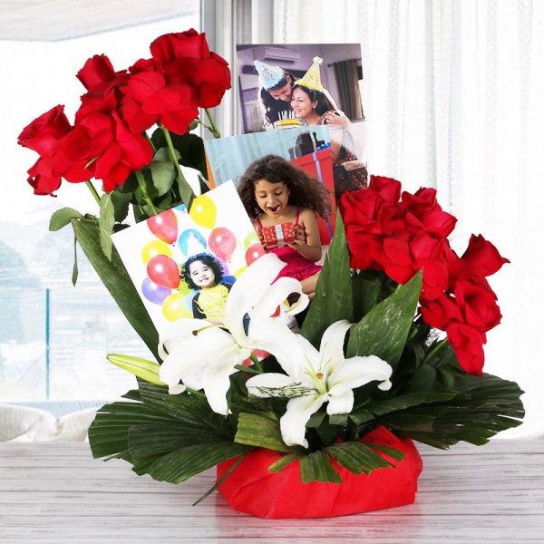 2 White Asiatic Lilies with 14 Red Roses and 3 Personalised Photos