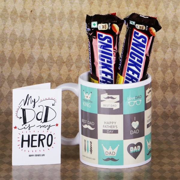 Happy Fathers Day Mug with Snicker Chocolate and Greeting Card