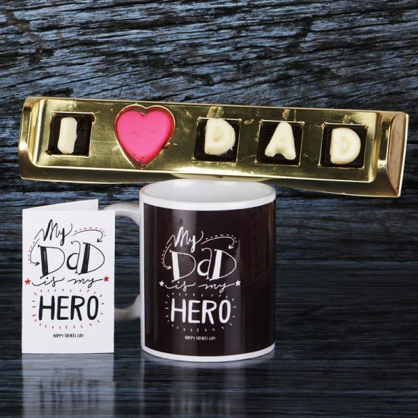 Printed Coffee Mug for Dad with Homemade Chocolate and Greeting Card