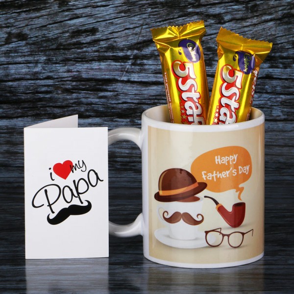 Happy Fathers Day Mug with Five Star Chocolate and Greeting Card