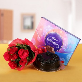 6 Red Roses wrapped in Red Paper with Half Kg Chocolate Truffle Cake and A box of Cadbury's Celebrations (131.3 gm)