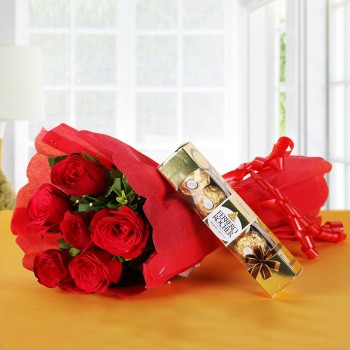 6 Red Roses Bunch with 4 Ferrero Rocher Chocolates