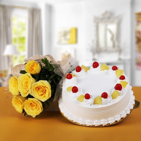 6 Yellow Roses Bouquet with Half Kg Pineapple Cake
