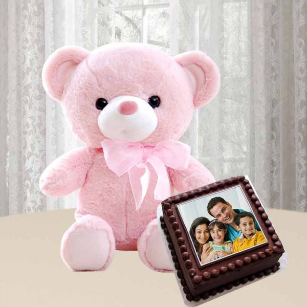 1 Kg Square Chocolate Photo Cake with Teddy Bear (6 inches)